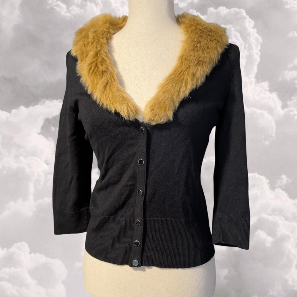 Y2K whimsy grunge fur trim quarter sleeve black cardigan size Small